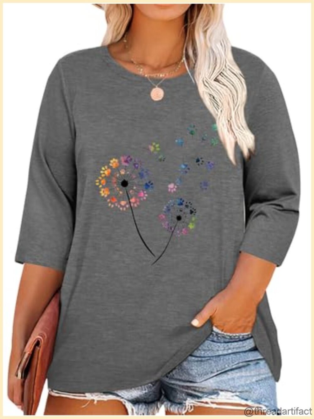 Plus Size Graphic Tee Women 3/4 Sleeve Floral Print Tunic Top Casual